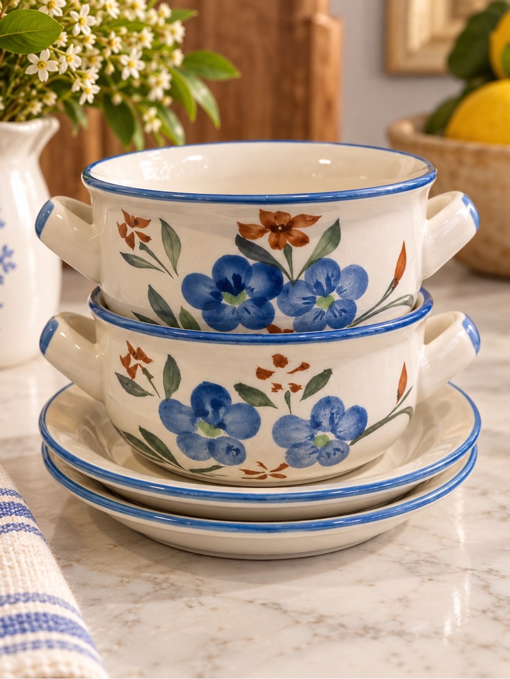 Vintage PMC Floral Double Handle Souo Bowls W/ Saucer Set of 2
